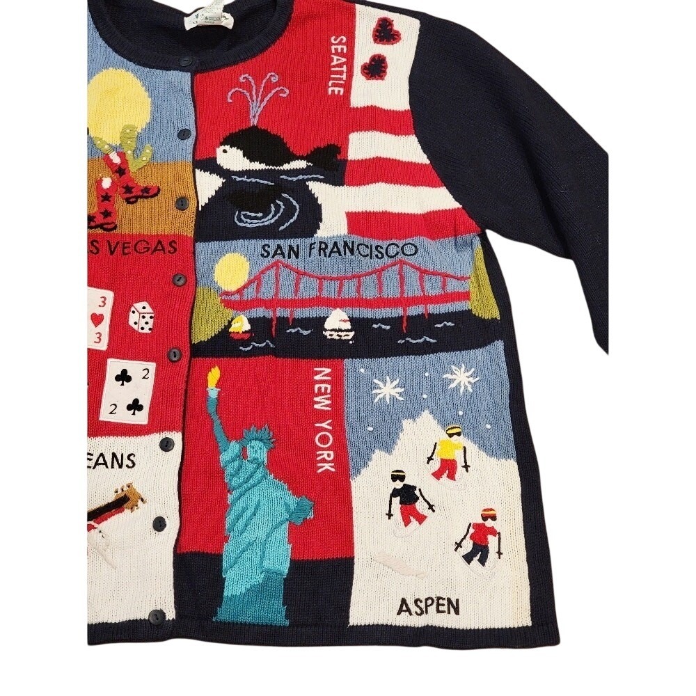 Vintage 90's USA Travel Sweater, Novelty Cardigan, 1X Blue Red Quacker Factory - Picture 4 of 11
